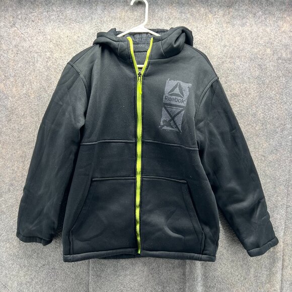 Reebok Jacket Boys XL Black Hooded Reversible Puffer Fleece Lined Green Zipper